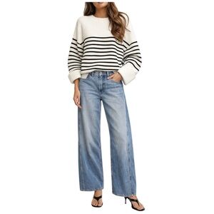 Oversized Ivory Black Striped Sweater French Coastal Cozy Knit Women’s Medium